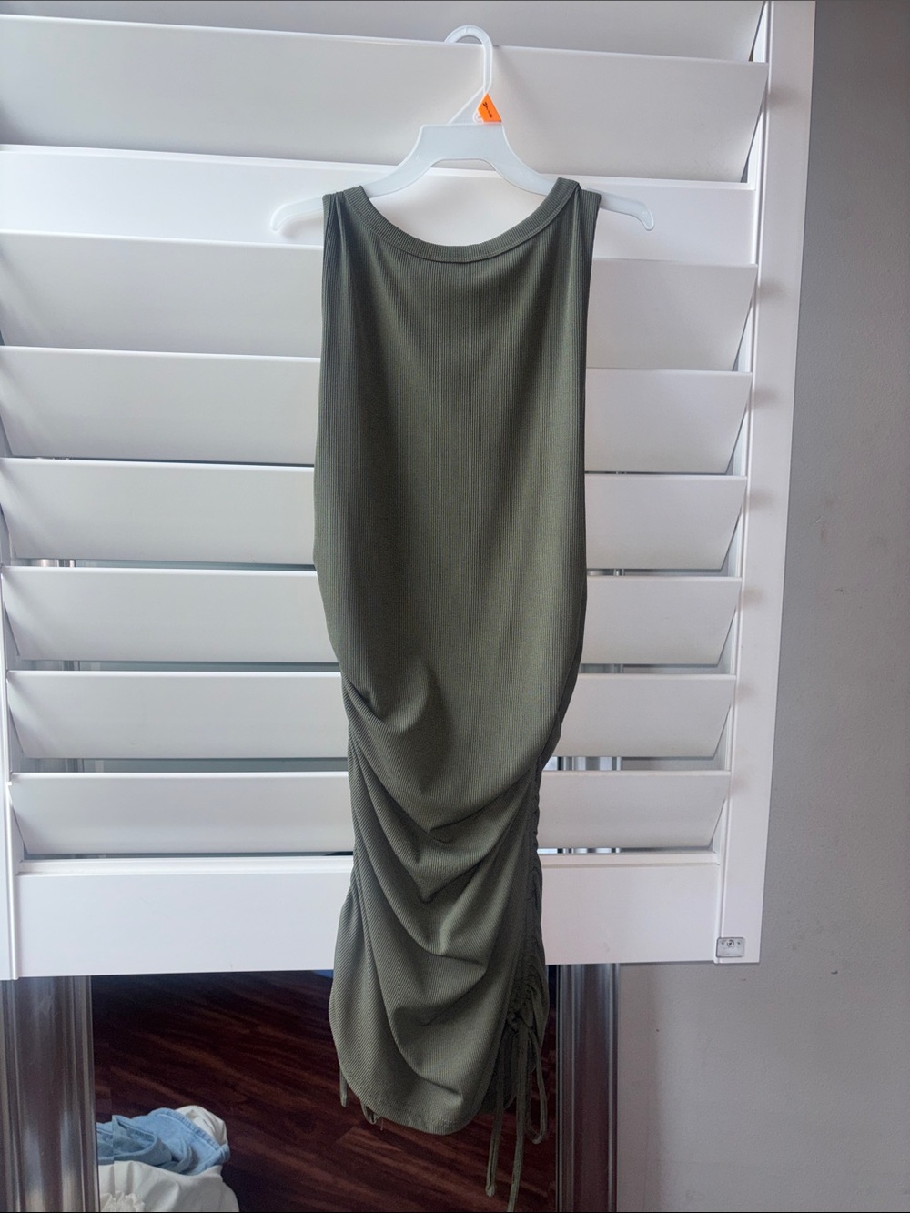 Ruched Olive Midi Skirt with Side Drawstrings - Women